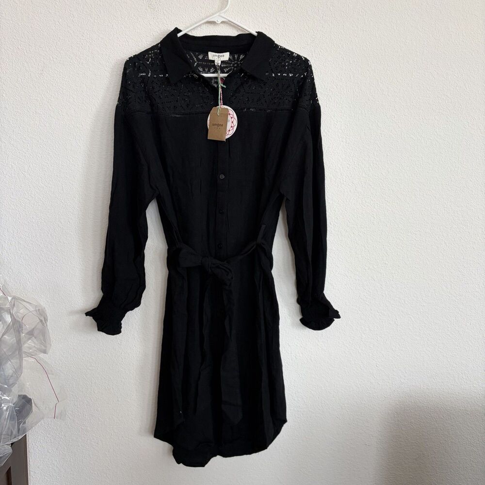 NWT Umgee Women’s Long Sleeve Collared Button Down Tie Waist Lace Mini Dress Med